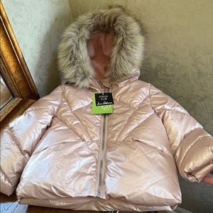 Sam Edelman Metallic Pink Faux Fur trim Hooded Puffer Jacket. Size 2T.